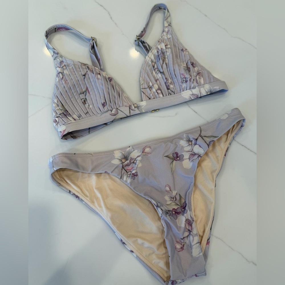 Peony Floral Pleated Triangle Bikini Set – Lavender